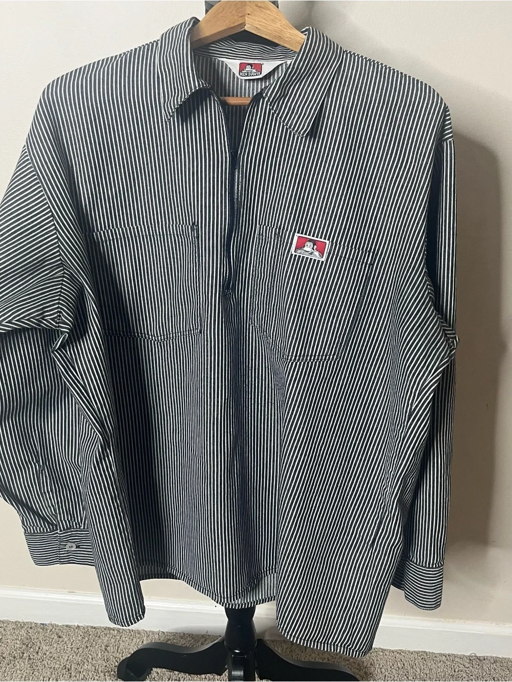 Ben Davis Men’s Blue White Railroad Striped Half Zip Long Sleeve Shirt Sz XL